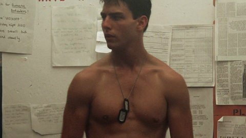 Hottest Tom Cruise Scene in Top Gun. Shirtless, dog tag, hairless chest. 2048