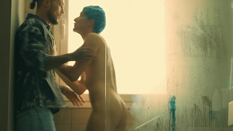 Juanjo Almeida Naked as Andrea Norman Medina. Butt, Shirtless, bathroom, blue hair. 170517