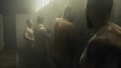 Nudes of Alain Delambre from Inhuman Resources. Butt, Shirtless, background nudity, covering junk with hand. 131472