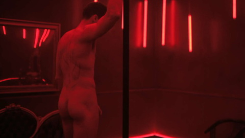 Corbin Kyle from P-Valley Naked. Butt, Penis, red lighting, scars on back. 178805