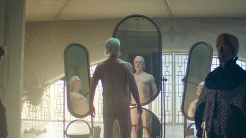 Terrence Mann Naked in Foundation. Butt, Shirtless, beard, grey hair. 198313