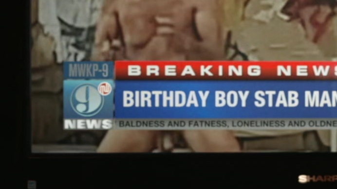 Bradley Fisher Naked as Birthday Boy Stab Man. Penis, Shirtless, Balls, TV, news report. 184893