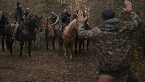 Travis Friesen Nude as Dave Farkus. Butt, camo jacket, guns pointed. 185264