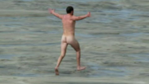 Sam Heughan Naked as Self. Butt, Sexy, Shirtless, outdoors, running on beach. 185595