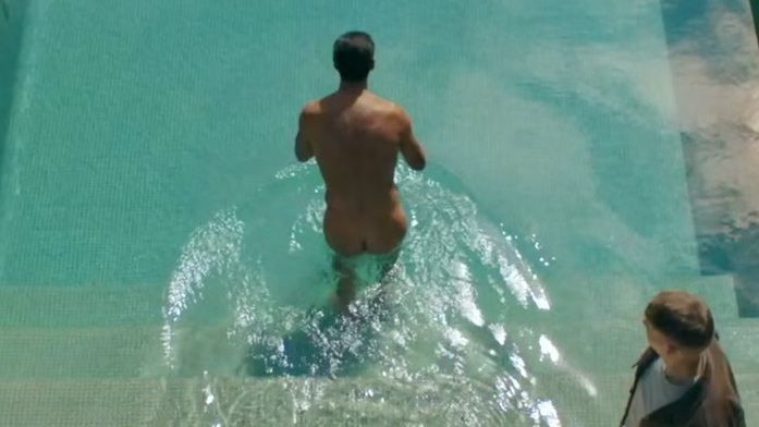 Clive Owen Naked as Samuel 'Sam' Spade. Body Double, Butt, Shirtless, outdoors, overhead shot. 188553