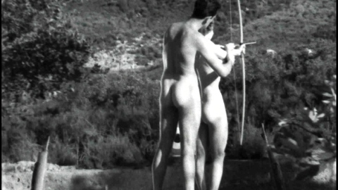 Robert Stanley Nude as Robert Lawton. Butt, Shirtless, archery, black and white. 192674