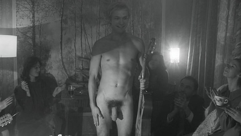 Yuriy Borisov Nude as Sasha/Ded Moroz. Penis, Prosthetic, Shirtless, b&w, black and white. 195104