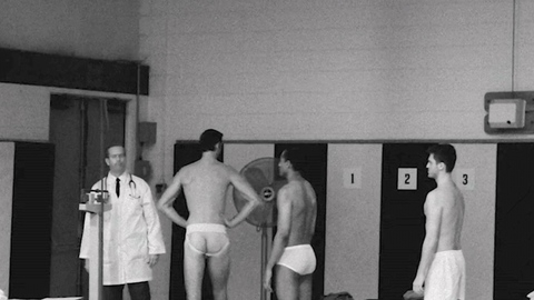 Nudes of Young Leo Fife from Oh, Canada. Butt, black and white, gymnasium. 195222
