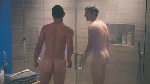 Robert from Running Point Naked. Butt, bathroom, glass shower door. 195713