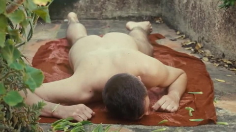 Simon Frenay Nude in Carpobrotus. Butt, face down, on blanket. 197896