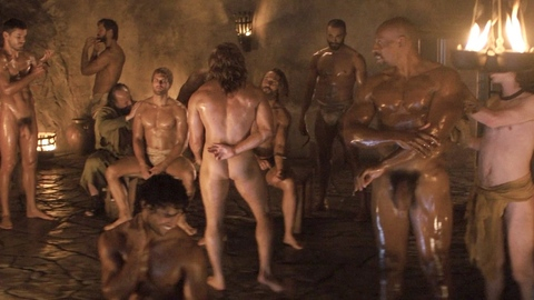 Louis Hunter Nude in Spartacus: House of Ashur. Butt, Shirtless, bath house, gladiators. 199516