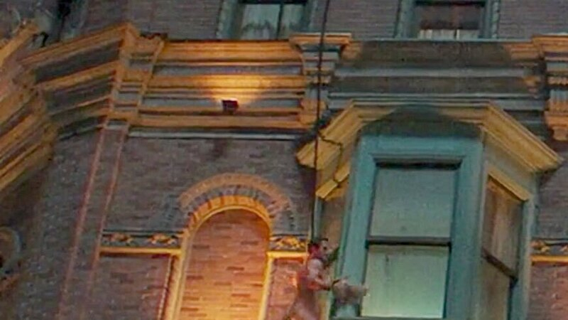 Glen Powell Nude in The Running Man. Body Double, Butt, building, climbing. 199978