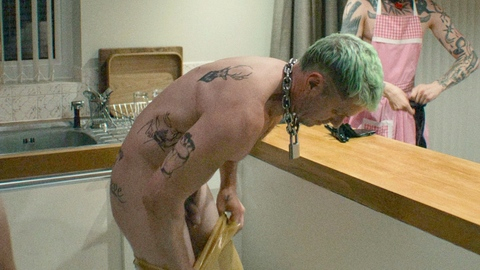 Kevin from Pillion Naked. Balls, Penis, Shirtless, getting dressed, green hair. 201257