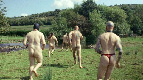 Human Puppy from Pillion Naked. Butt, leather mask, multiple men. 201269
