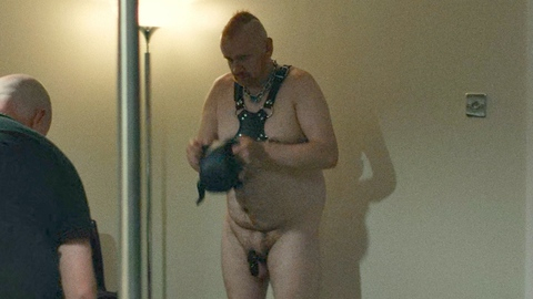 Paul Tallis Naked as Human Puppy. Balls, Shirtless, chastity device, harness. 201267