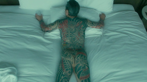 Tsuyoshi Muro Naked in Sins of Kujo. Butt, back tattoo, bed. 201283