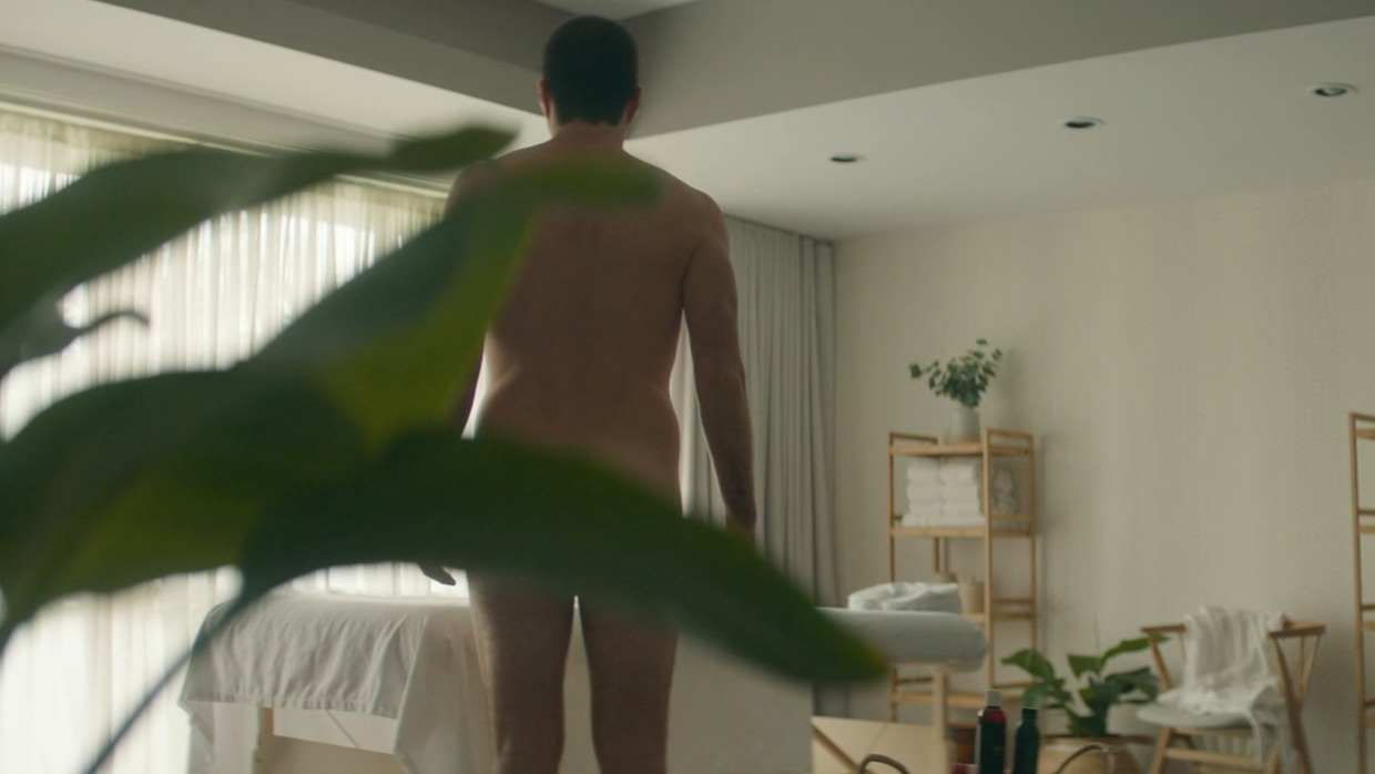 Lukas Gage, Zachary Quinto in Down Low (2023) Gay Sexy Shirtless Erect Prosthetic Bathing Suit Erect 77197