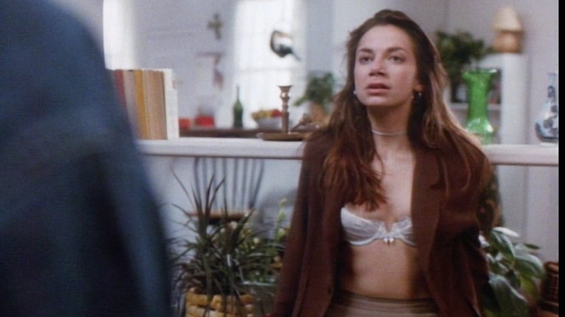 Sexiest Justine Bateman Scene in In the Eyes of a Stranger. Underwear, brunette, open jacket. 670489