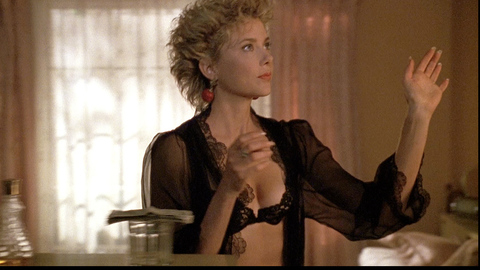 Annette Bening in The Grifters (1990) Underwear Black Bra Black Robe 725671
