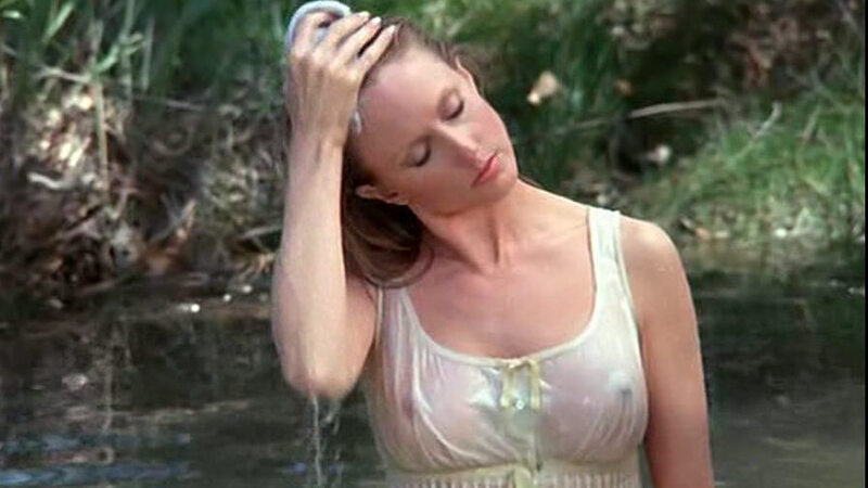 Sexiest Morgan Fairchild Scene in Red Headed Stranger. Sexy, breasts through wet shirt, brunette. 540559