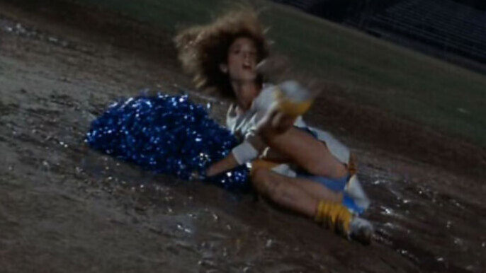Sexiest Betsy Russell Scene in Cheerleader Camp. Underwear, SFW, blue panties. 544585