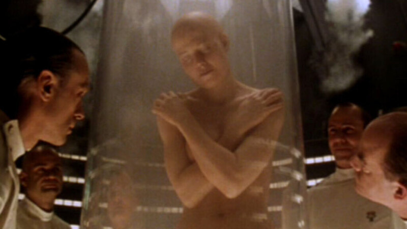 Sexiest Sigourney Weaver Scene in Alien: Resurrection. Sexy, covering breasts with arms, shaved head. 587197