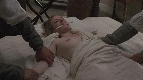 Sarah Polley Naked as Abigail Adams Smith. Breasts, holding arms down, laying in bed. 672759