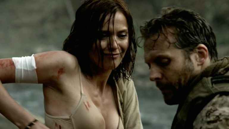 Sexiest Aurélie Meriel Scene in Seal Team Eight: Behind Enemy Lines. Underwear, SFW, beige bra. 739897