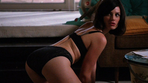 Sexiest Scenes of Megan Draper from Mad Men. Underwear, back exposed, black bra and panties. 708899