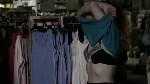 Sexiest Emily Hampshire Scene in All the Wrong Reasons. Underwear, black bra, taking off shirt. 767359