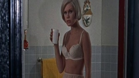 Sexiest Suzanna Leigh Scene in The Deadly Bees. Underwear, holding drink, in bathroom. 778273