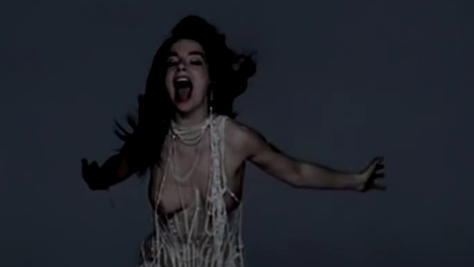 Björk Naked as Herself. Breasts, blue blackground, distant breasts. 793617
