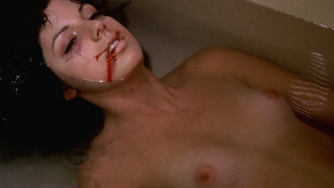 Robin Sherwood Naked in The Love Butcher. Breasts, bathtub, bloody mouth. 981997