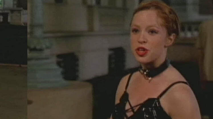 Sexiest Angela Goethals Scene in Porn 'n Chicken. Sexy, black leather dress, blue top. 612937