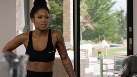 Hottest Amber Scenes. Sexy, black sports bra, hair in bun. 840129