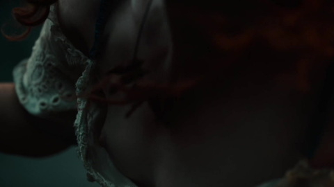 Hani Furstenberg Naked as Maman Brigitte. Breasts, dress pulled down, fog. 865071