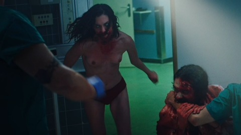 Camille Vanlerberghe Nude as Zombie stappen on table. Breasts, Underwear, blood, brunette. 918140