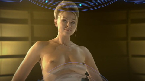 Irina Voronina Nude in Lazer Team. Breasts, hair in bun, standing. 1016362
